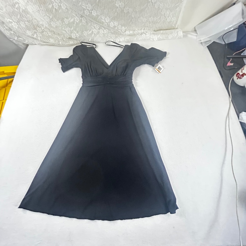 Intrigue Black V‎ Neck Ruched Waist Flutter Sleeve Midi Dress Women's Small NEW